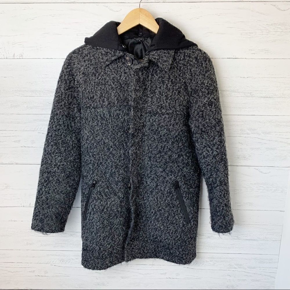 ASOS Wool Blend Zip Front Marled Charcoal Coat Removable Hood 2XS